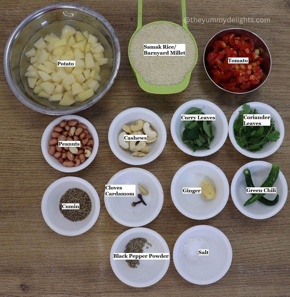 individually labeled ingredients to make samak rice pulao are laid out on a table.