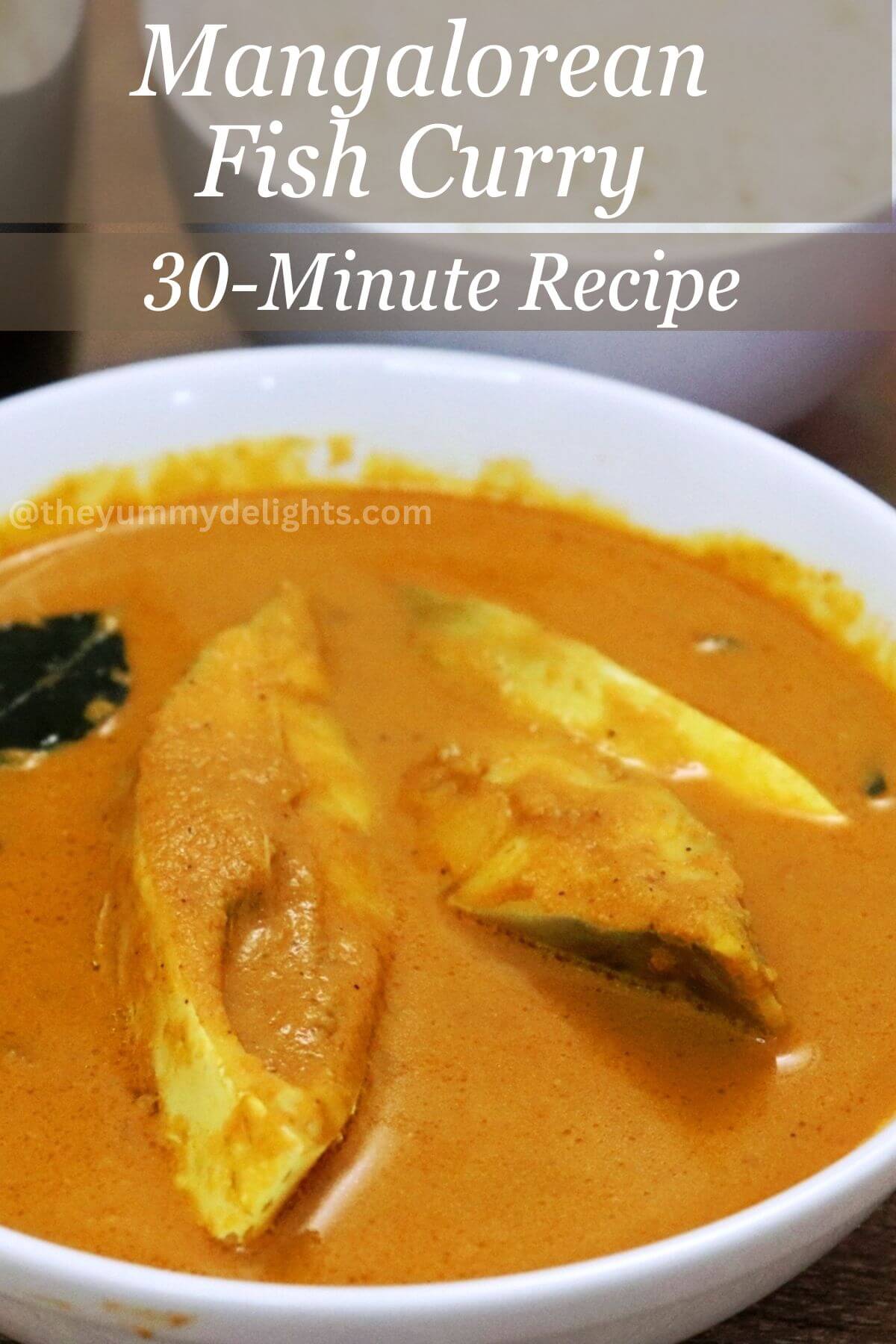 close-up of mangalorean fish curry served in a white bowl.