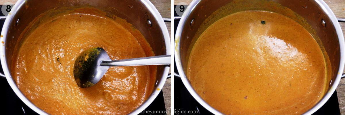 collage image of 2 steps showing addition of masala paste and adjusting the mangalorean fish curry consistency with water,