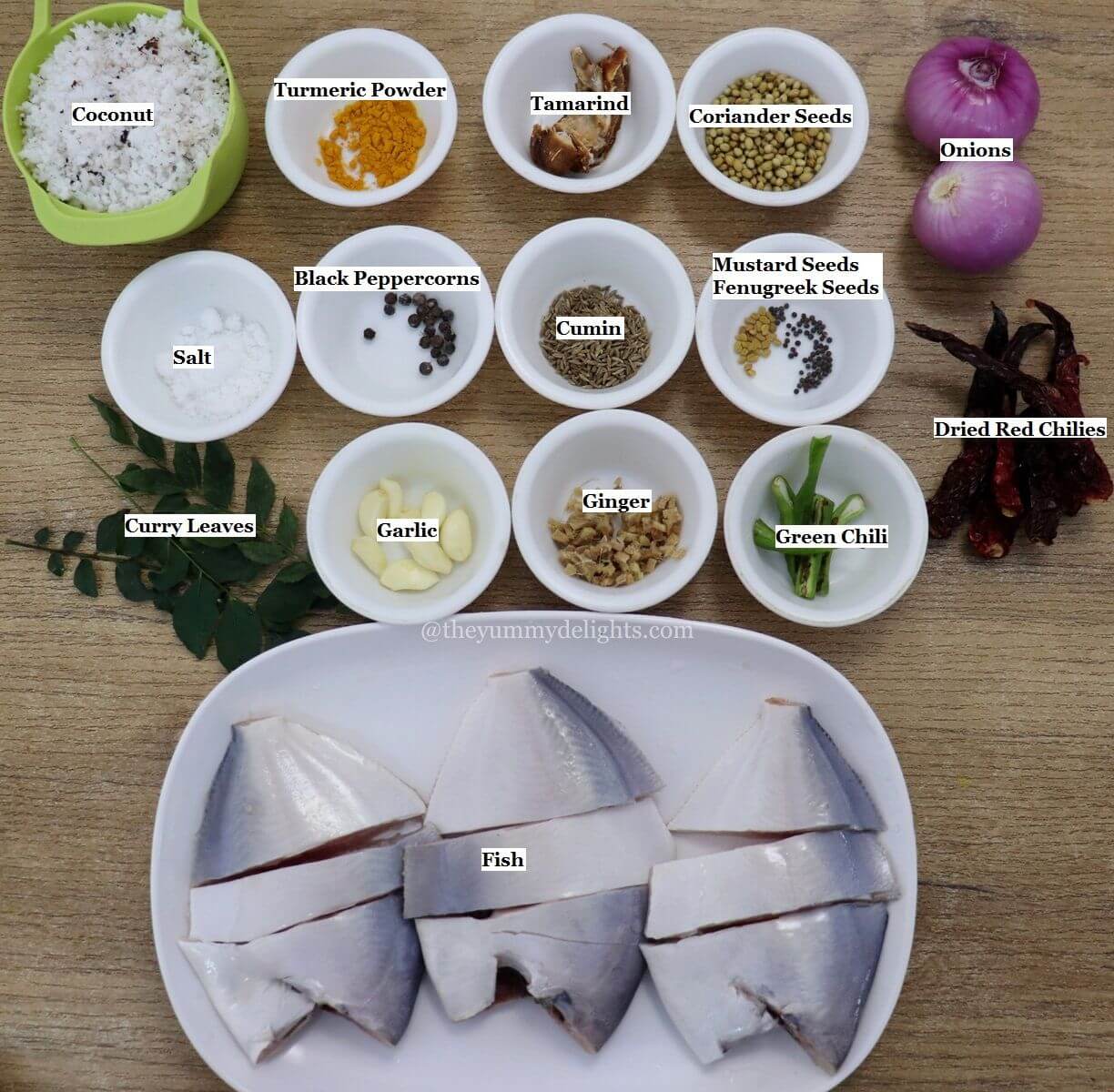 individually labeled ingredients to make mangalorean fish curry are laid out on a table.