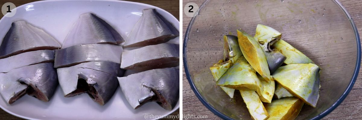 collage image of 2 steps showing marinating the fish with turmeric and salt to make mangalorean fish curry.