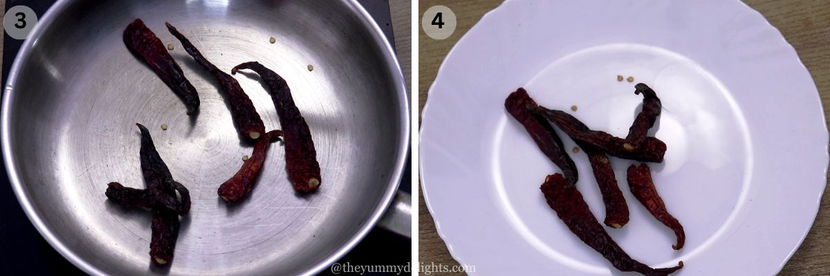 collage image of 2 steps showing roasting the red chilies to make fish curry masala.