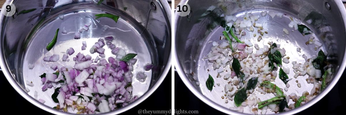 collage image of 2 steps showing how to make mangalorean fish curry. It shows sauteing onions, ginger, green chilies and curry leaves.