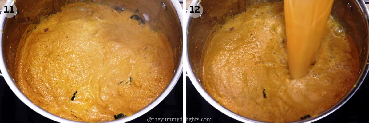 collage image of 2 steps showing addition of water to the ground coconut masala to adjust the consistency of mangalorean fish curry.