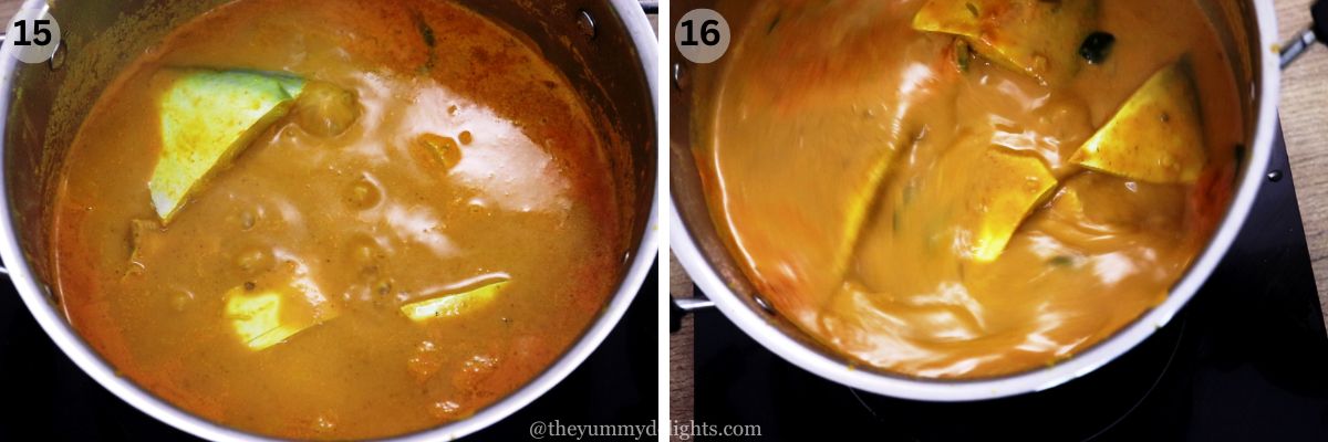 collage image of 2 steps showing cooking fish in the coconut based curry to make mangalore style fish curry.