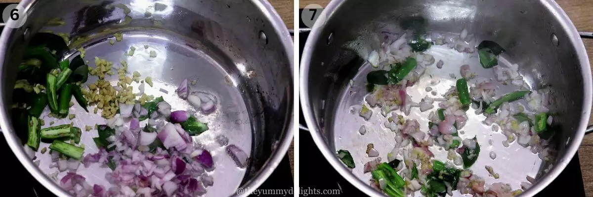 collage image of 2 steps showing sauteing onions, ginger and green chilies to make Indian sardine curry.