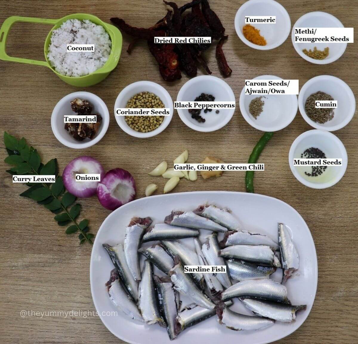 individually labeled ingredients to make sardine curry is laid out on a table.