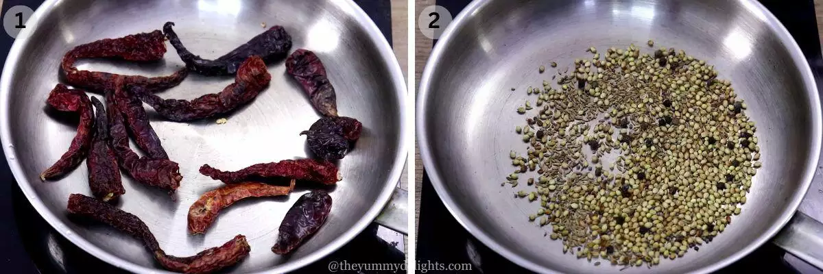 collage image of 2 steps showing roasting red chilies and spices to make mangalorean sardine curry.