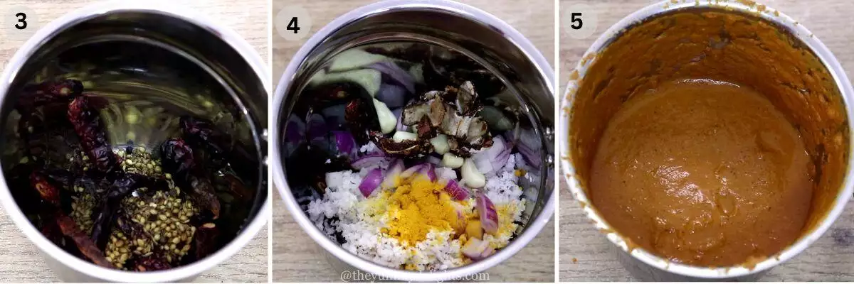 collage image of 3 steps showing making the coconut masala paste for sardine fish curry.