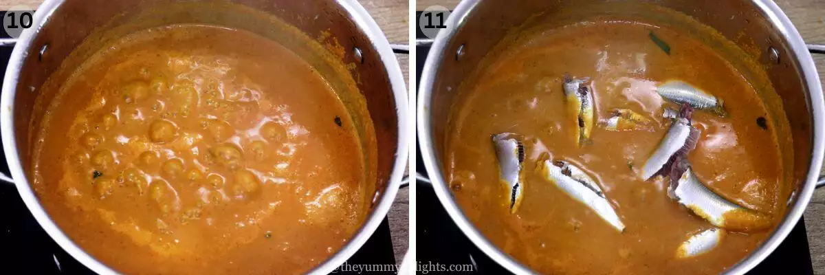 collage image of 2 steps showing addition of fresh sardines in the curry to make Indian fish curry.