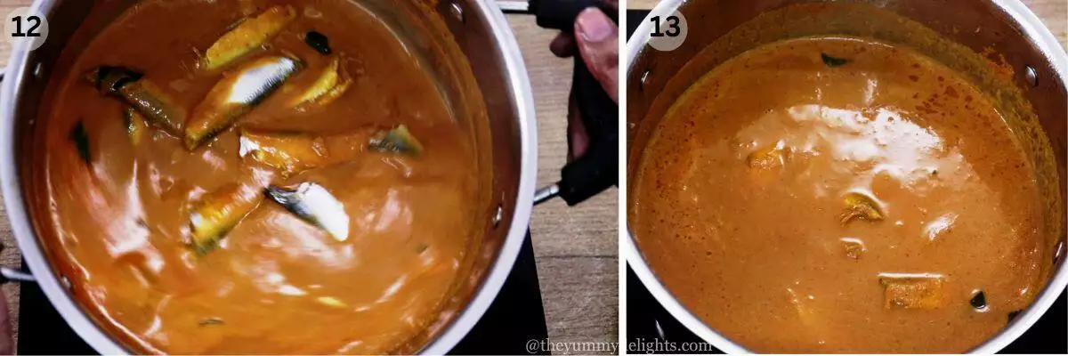 collage image of 2 steps showing cooking sardine curry.