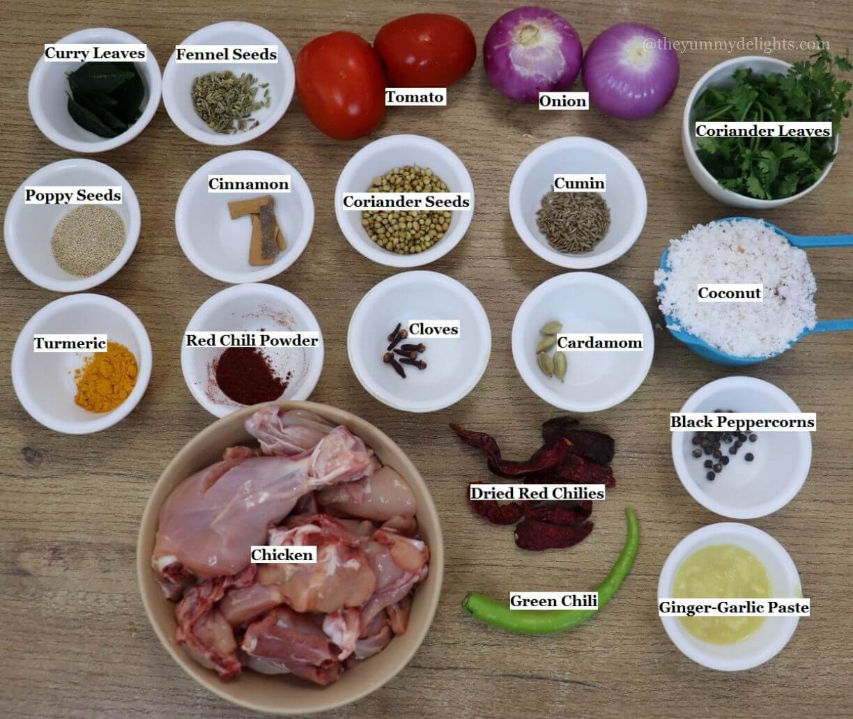 individually labeled ingredients to make chicken salna recipe are laid out on a table.