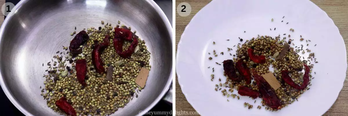 collage image of 2 steps showing how to make chicken salna. It shows roasting the spices for salna curry and transferring it to a plate.