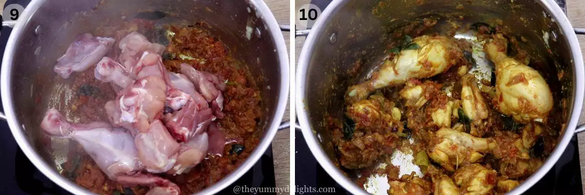 collage image of 2 steps showing addition of chicken and cooking salna.