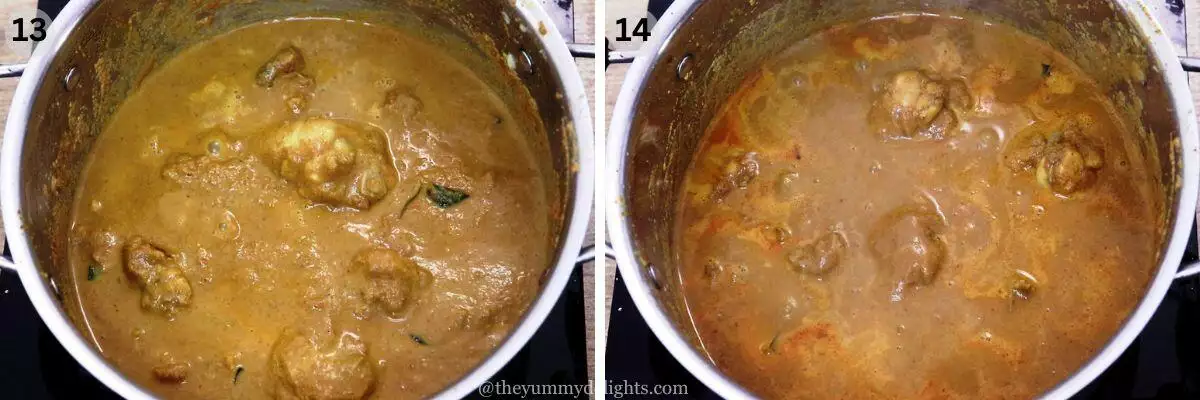 collage image of 2 steps showing cooking the chicken to make spicy south Indian chicken curry.