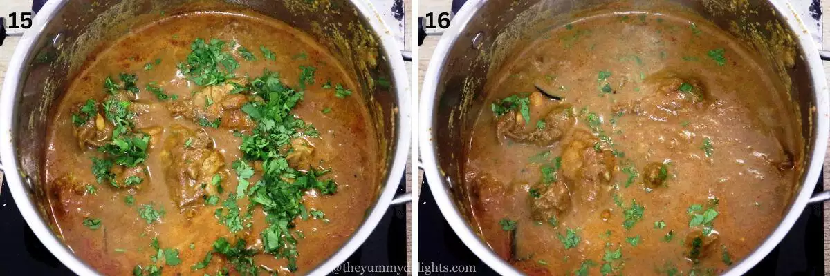 collage image of 2 steps showing garnishing madurai chicken salna with coriander leaves.