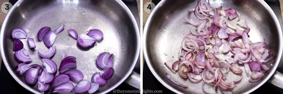 collage image of 2 steps showing sauteing the onions to make parotta salna.