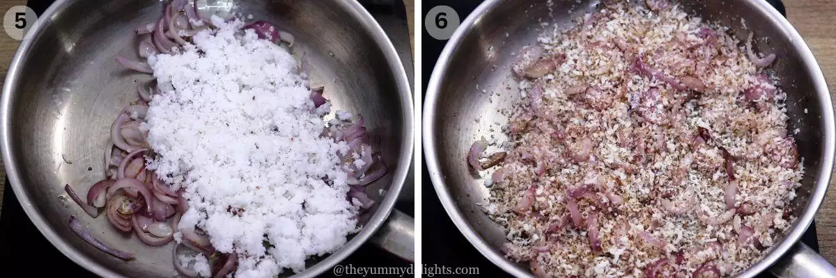 collage image of 2 steps showing addition of coconut and roasting it to make chicken salna masala paste.