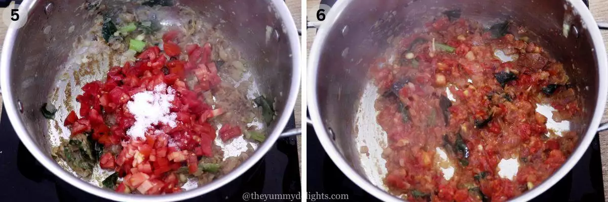 collage image of 2 steps showing addition of tomato and salt and cooking until pulpy to make chicken salna.