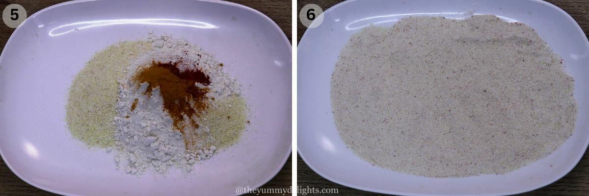 collage image of 2 steps showing making semolina and rice flour mix for crispy coating on king fish fillet.