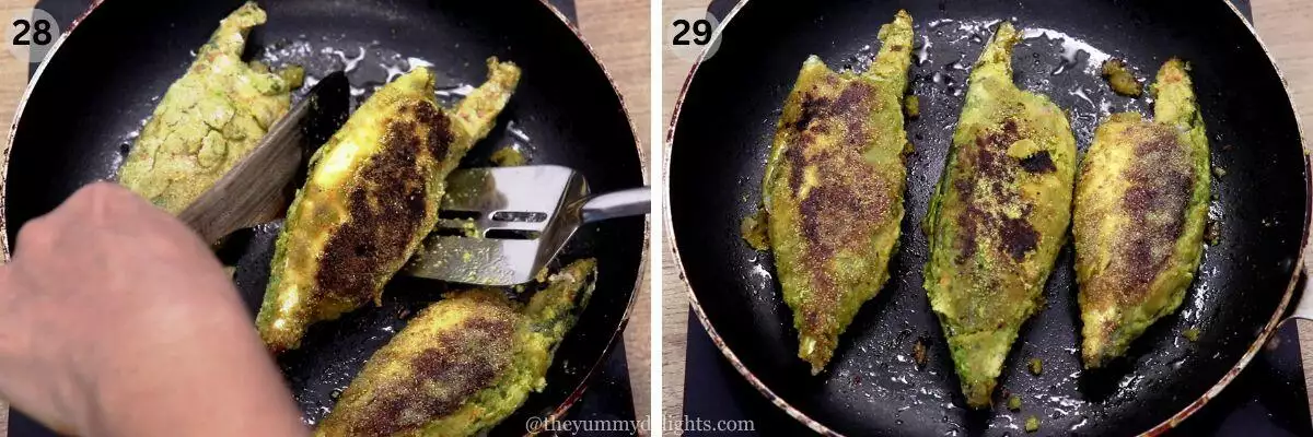 collage image of 2 steps showing flipping the stuffed mackerel fish and frying in a pan.