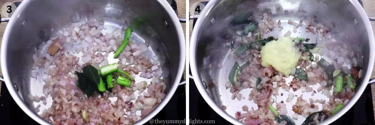 collage image of 2 steps showing addition of curry leaves, green chilies and ginger-garlic paste to make parotta salna.