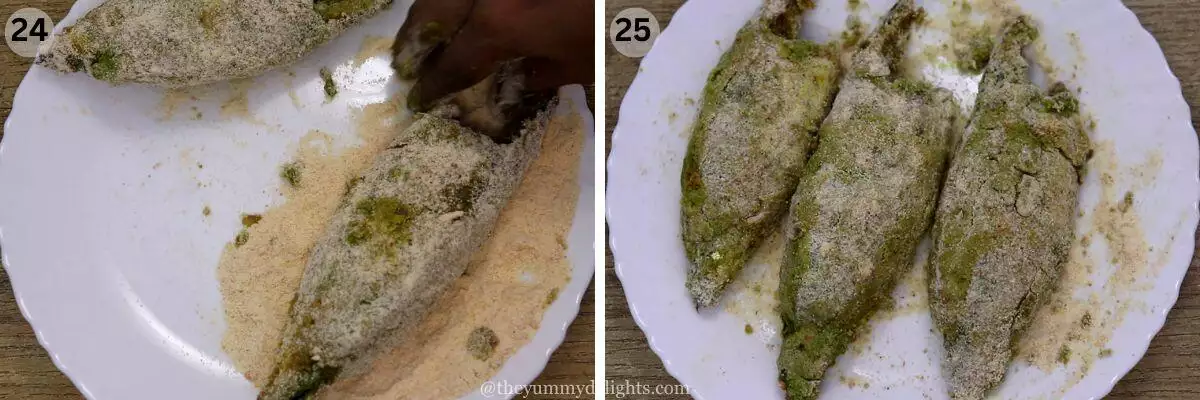 collage image of 2 steps showing coating stuffed mackerel fish in semolina.