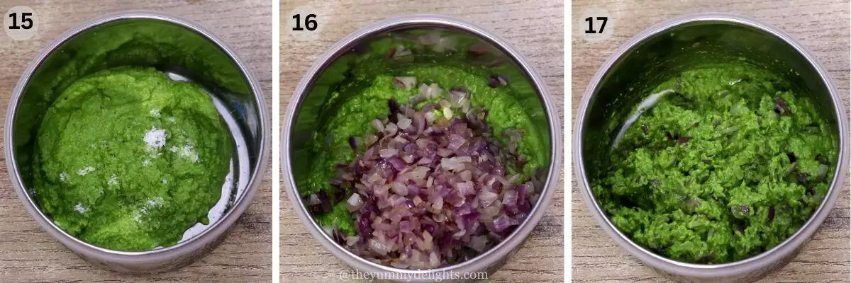 collage image of 3 steps showing how to make green masala for stuffed mackerel.