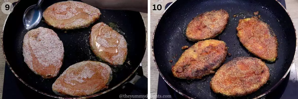 collage image of 2 steps showing pan-frying king fish fillets until crispy and golden.