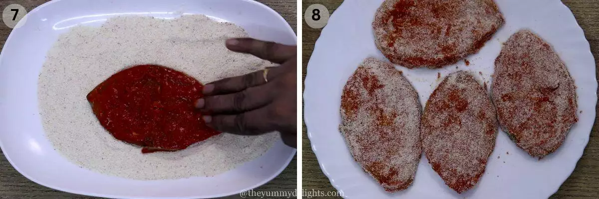 collage image of 2 steps showing how to make crispy goan king fish fry. It shows coating the marinated king fish fillets with semolina (rava).