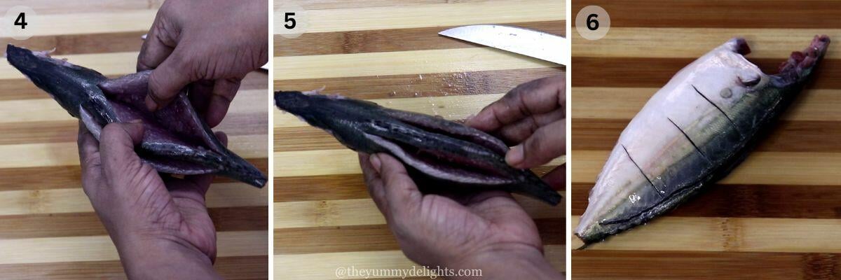 collage image of 3 steps showing how to cut mackerel fish to make goan recheado fish fry recipe.