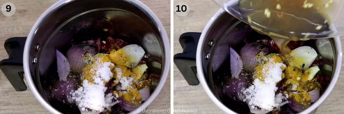 collage image of 2 steps showing grinding the ingredients in a mixer jar and addition of vinegar.