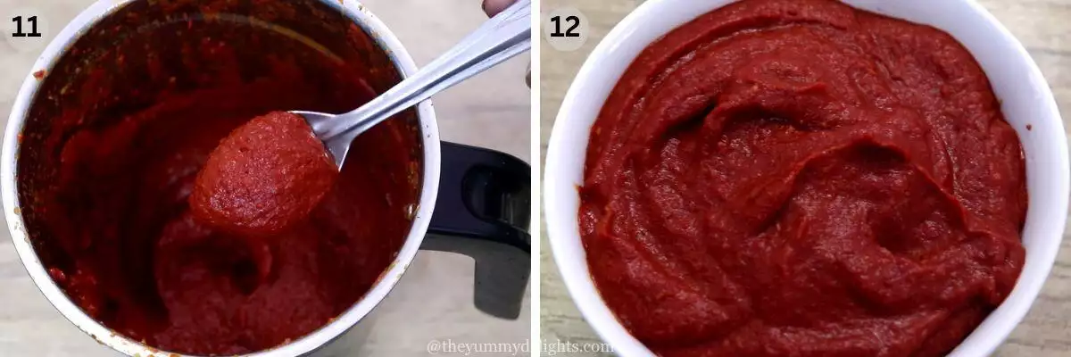 collage image of 2 steps showing freshly ground recheado masala paste.