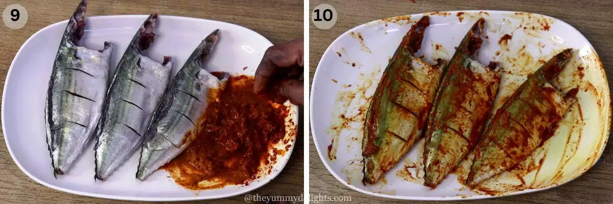 collage image of 2 steps showing how to make stuffed fish goan style. It shows marinating the mackerel fish with red chili, turmeric and tamarind.