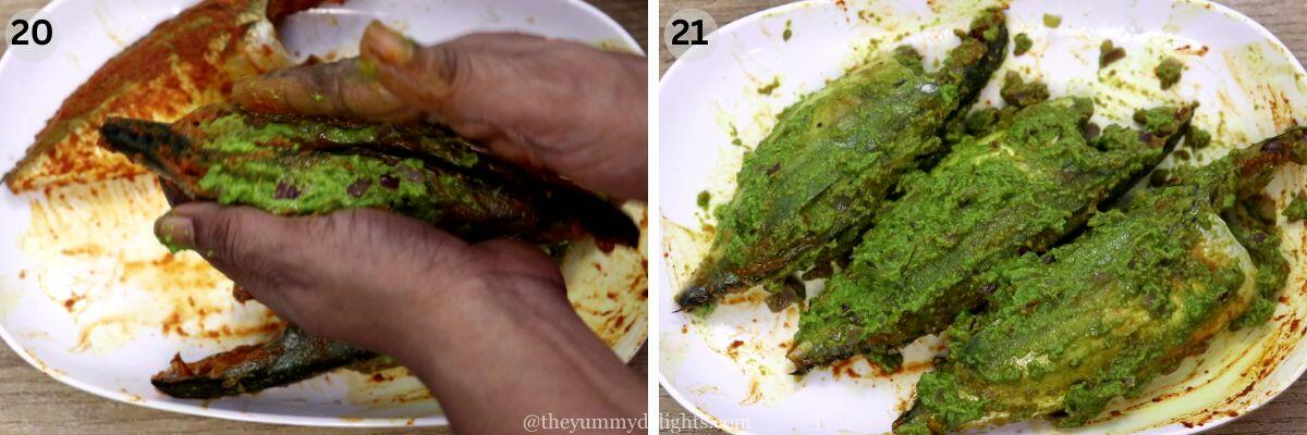 collage image of 2 steps showing how to marinate fish with green masala.