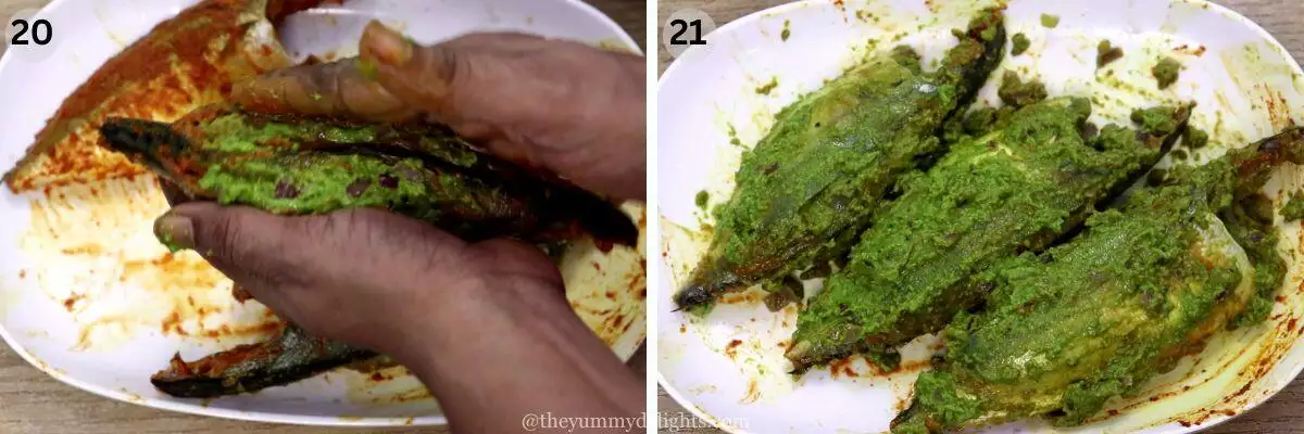 collage image of 2 steps showing how to marinate fish with green masala.