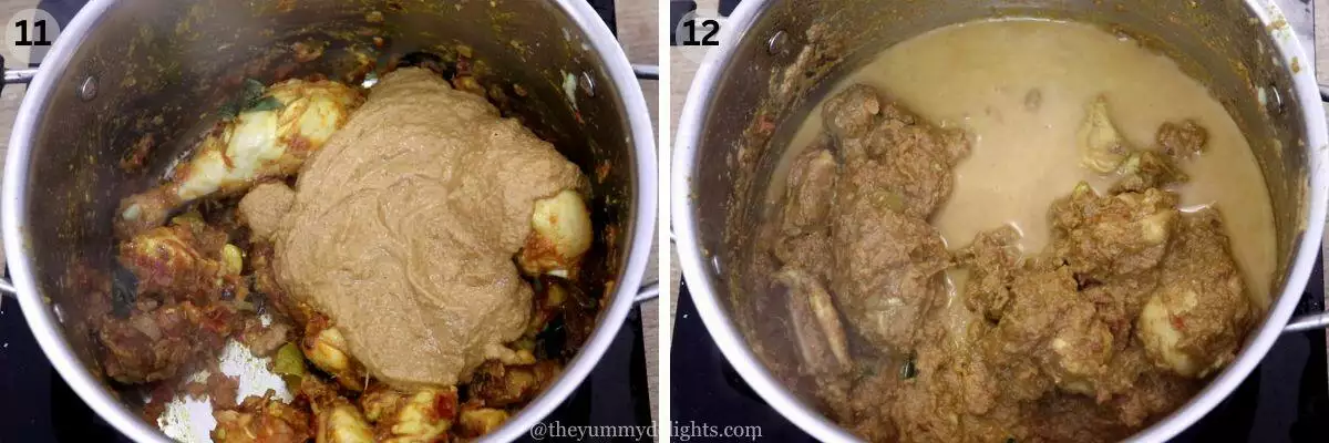 collage image of 2 steps showing addition of coconut masala paste to the salna.