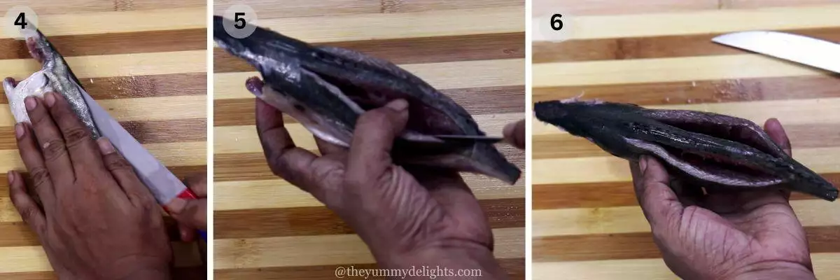 collage image of 3 steps showing how to slice fresh mackerels for stuffing.