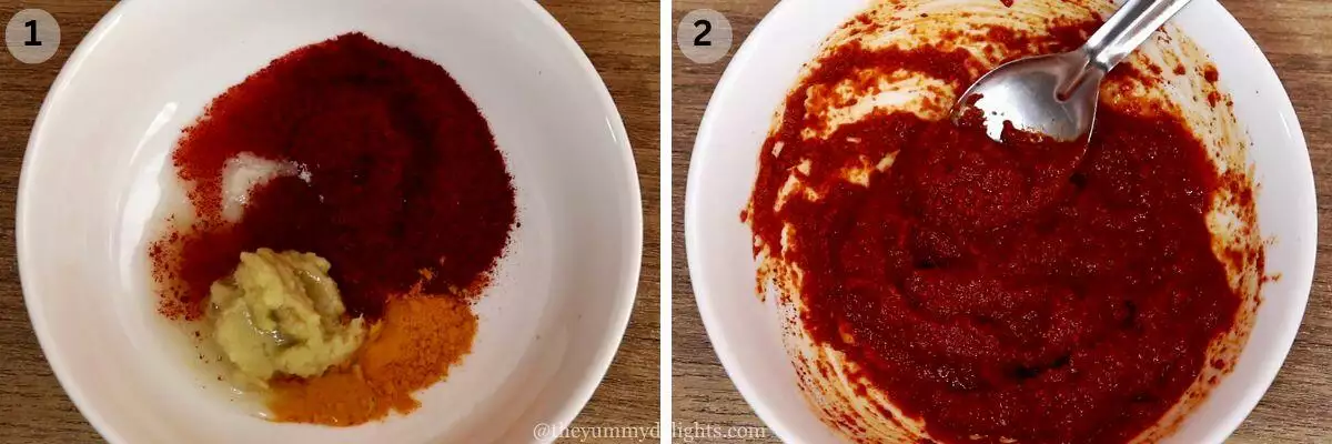 collage image of 2 steps showing making king fish fry masala. It shows combining the spices to make fish fry masala.