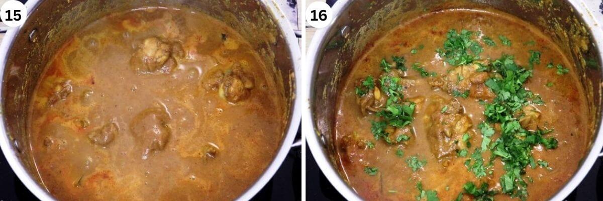 collage of 2 images showing cooking chicken salna for parotta.
