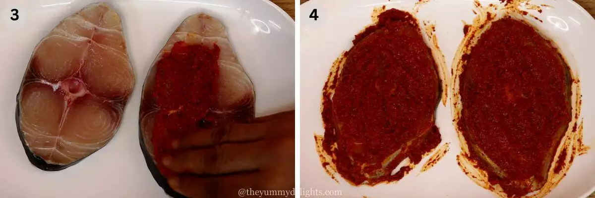 collage image of 2 steps showing marinating the king fish fillets with masala.