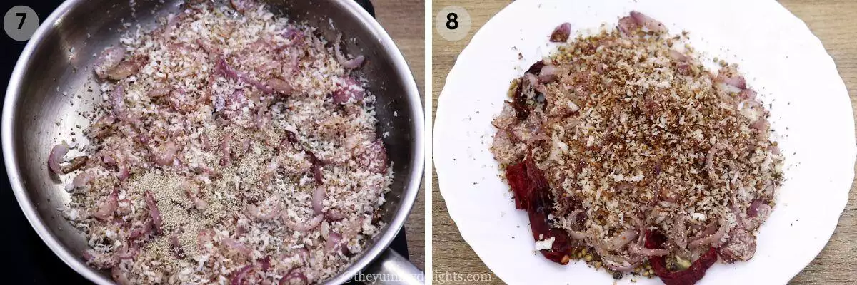 collage image of 2 steps showing roasting coconut and poppy seeds and transferring it to a plate.