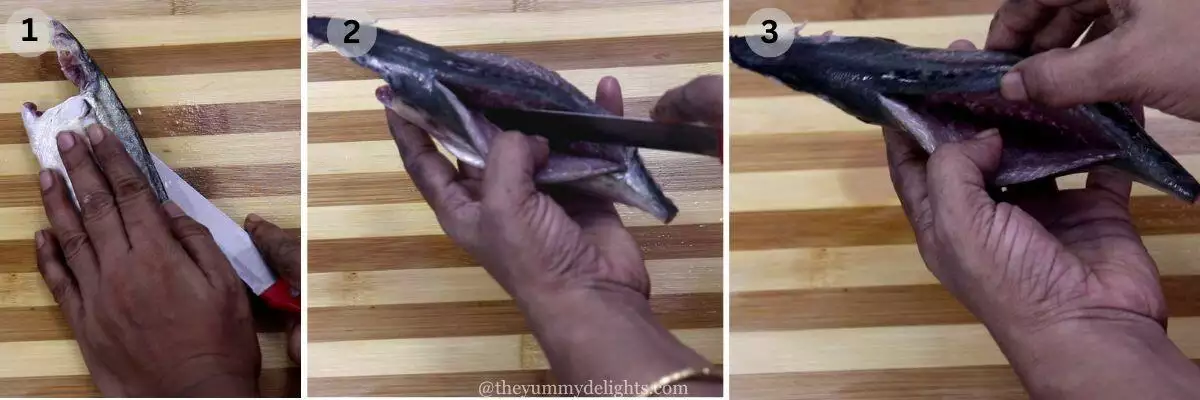 collage image of 3 steps showing how to slit mackerels to create pockets for stuffing recheado masala to make recheado masala fish.