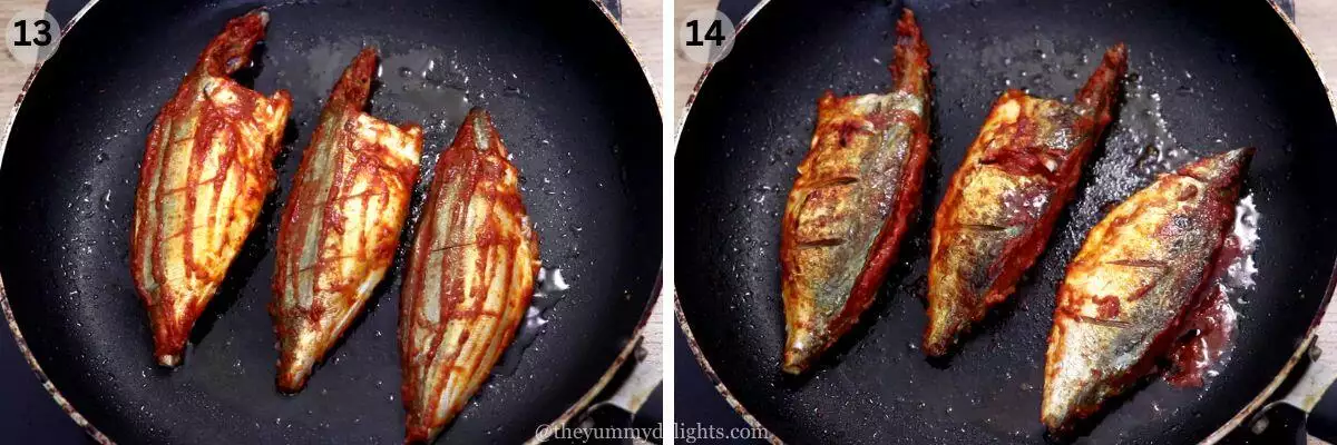 collage image of 2 steps showing how to make recheado mackerel. It shows pan-frying mackerel fish coated with recheado masala. 