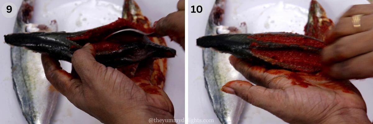 collage image of 2 steps showing stuffing mackerel with recheado masala to make recheado mackerel.