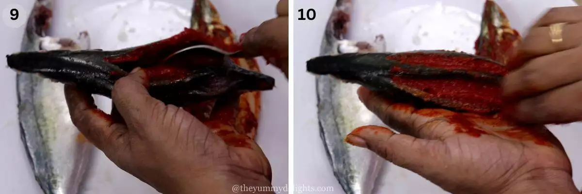 collage image of 2 steps showing stuffing mackerel with recheado masala.