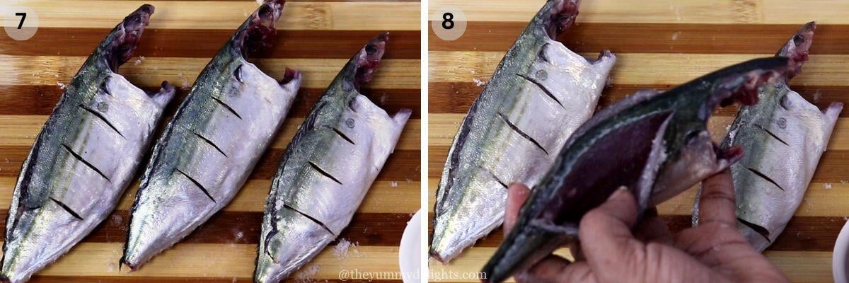 collage image of 2 steps showing marinating fresh mackerels with salt to make goan recheado masala stuffed fish fry.