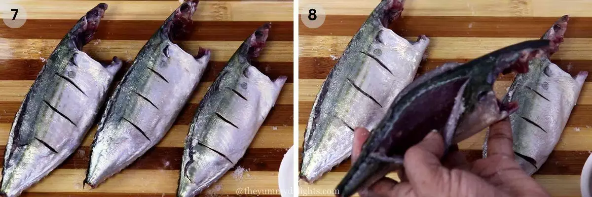 collage image of 2 steps showing marinating fresh mackerels with salt to make goan recheadomasala stuffed fish.