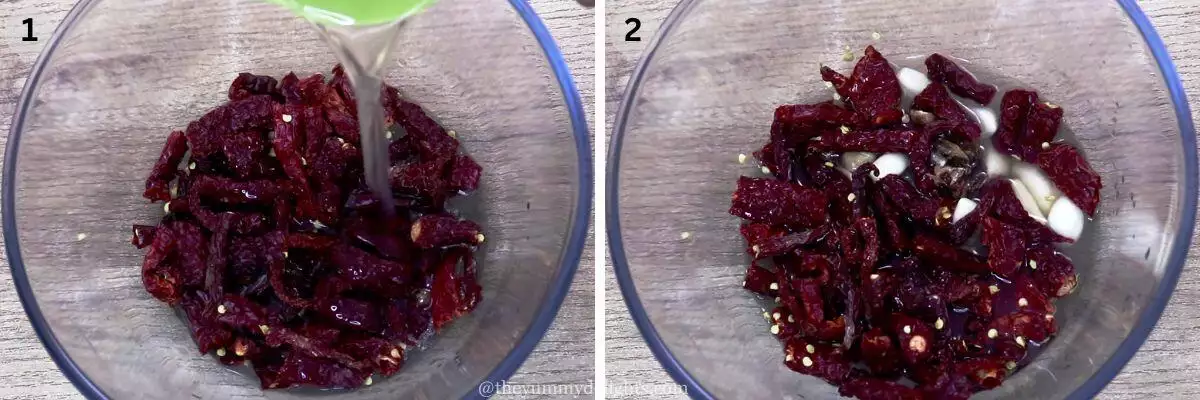 collage image of 2 steps showing soaking the red chilies, garlic, ginger and tamarind in vinegar to make recheado masala.