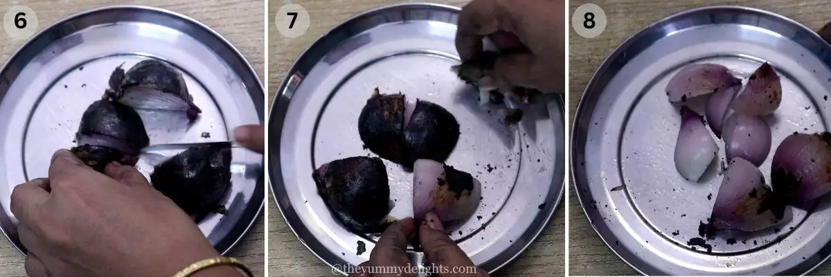 collage image of 3 steps showing how to make recheado masala. It shows cutting the roasted onions in quarters and peeling the outer skin.